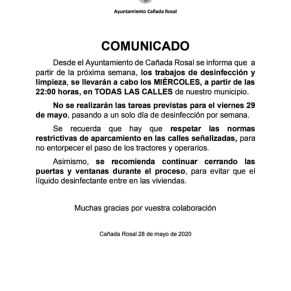 COMUNICADO AYTO CAÑADA-CAMBIO DÍAS DESINFECCIÓN
